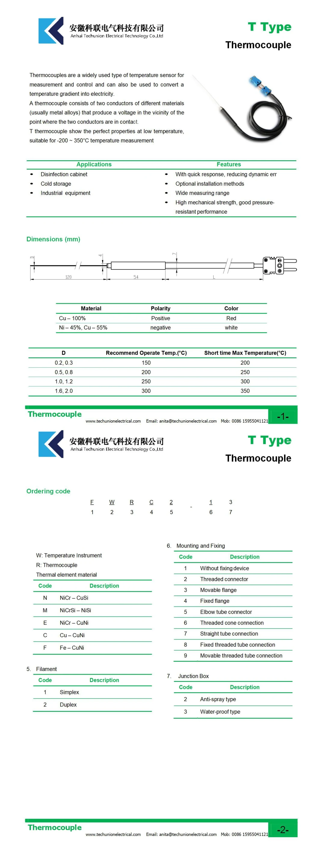 High Accuracy Superfine Thermocouple Type K Type T Type N Rtd PT100 Temperature Sensor